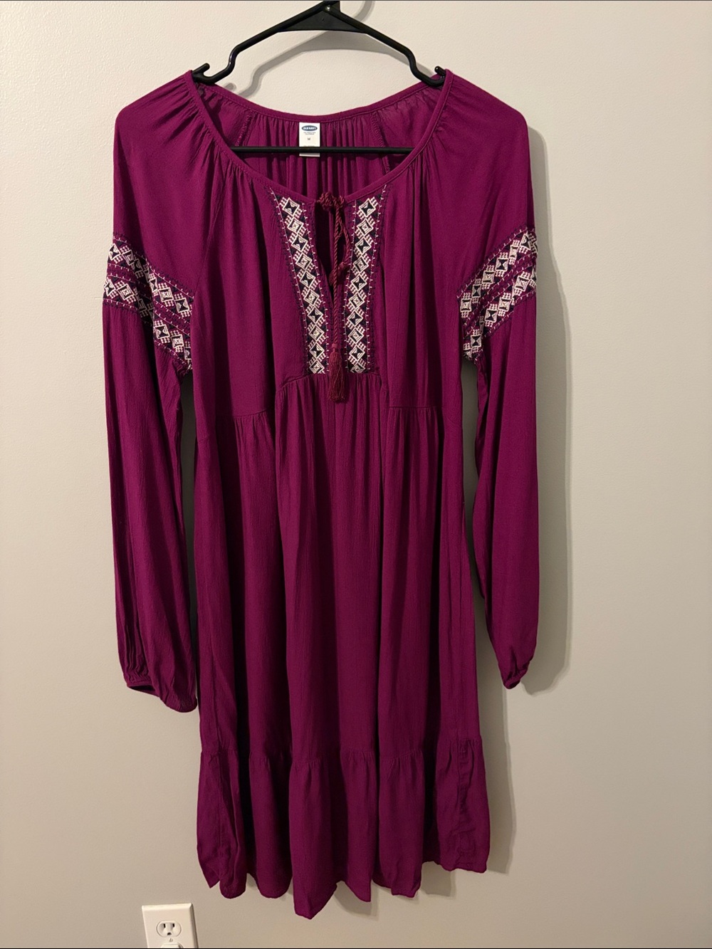 Old Navy Deep Magenta Embroidered Long-Sleeve Boho Dress
